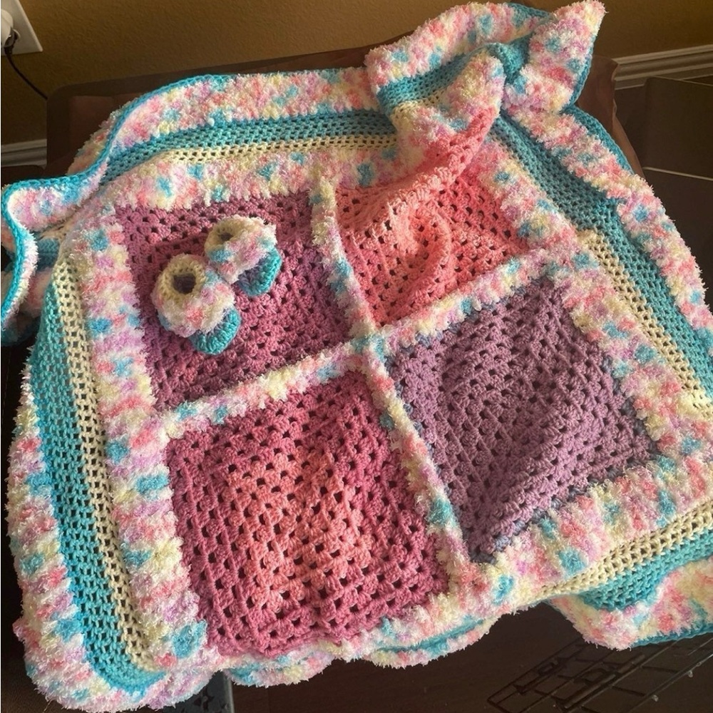 Colorful Kids Crochet Blanket and Booties Set